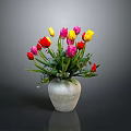 Gray Carved Vase Sculpture with Red Yellow Pink Tulips in Gray Background