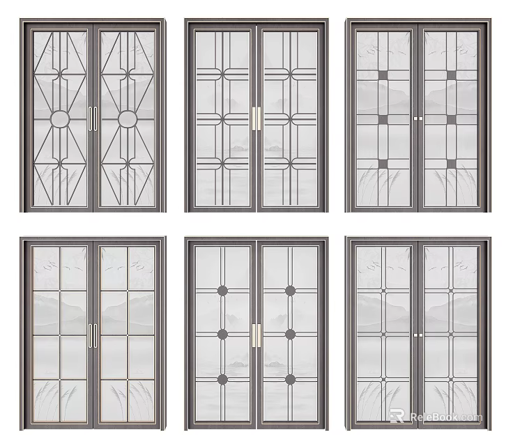 Various Design Sliding Doors With Glass Panels And Geometric Frame Patterns 3d model