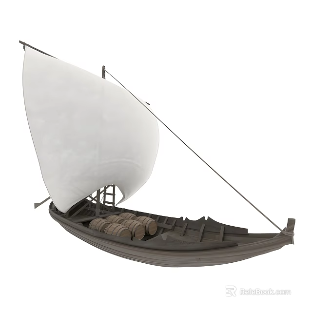 Classic Wooden Boat With White Sail And Stacked Wooden Barrels On Deck 3d model 