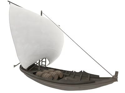Classic Wooden Boat With White Sail And Stacked Wooden Barrels On Deck 3d model