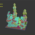 Cartoon Fantasy Castle Scene With Green Towers Trees And Rock Structures