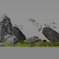 Natural Style Rockery Stones Arrangement With Lush Green Plants And Mossy Grass