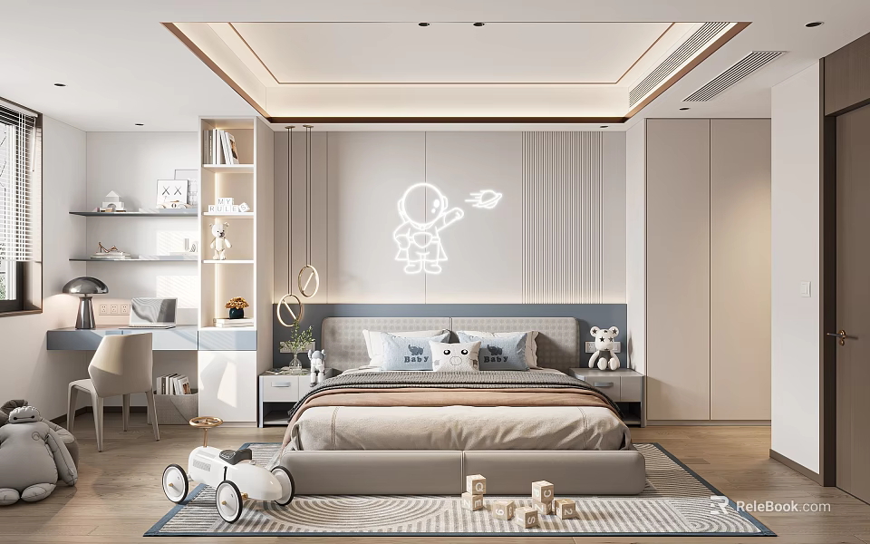 Modern Kids Room Interior Design With Astronaut Neon Light Bed And Toys 3d model 