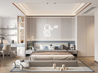 Modern Kids Room Interior Design With Astronaut Neon Light Bed And Toys 3d model