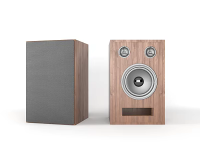 Modern Wooden Speakers Pair With Grille Front Panel Circular Driver And Control Knobs 3d model