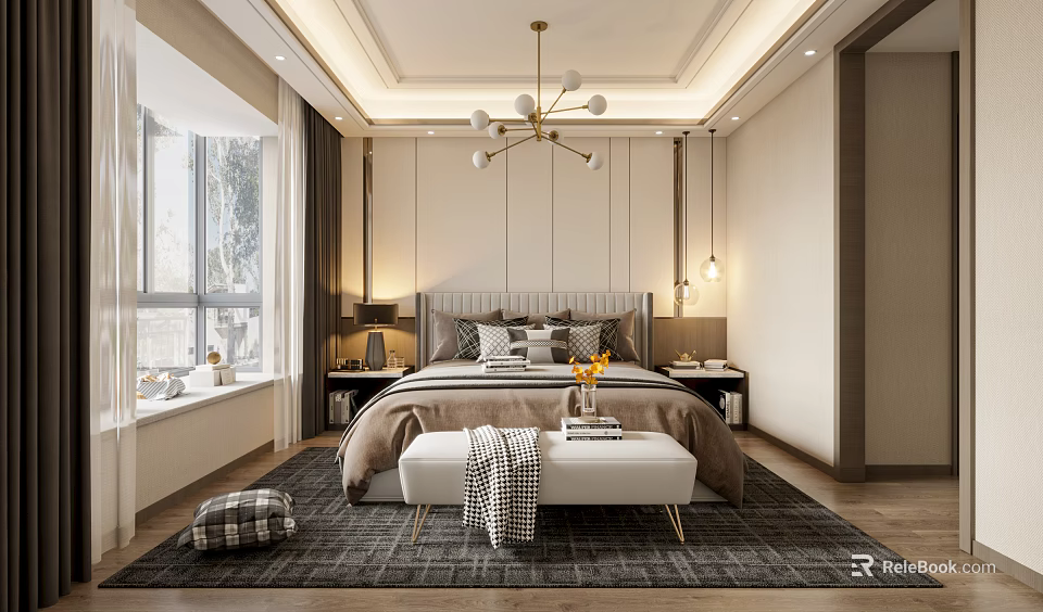 Elegant Modern Bedroom Interior With Bed Nightstands Chandelier And Area Rug 3d model 