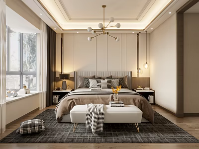 Elegant Modern Bedroom Interior With Bed Nightstands Chandelier And Area Rug 3d model