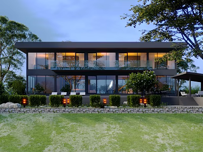 Modern Detached Villa With Large Glass Windows Lush Greenery And Lawn 3d model