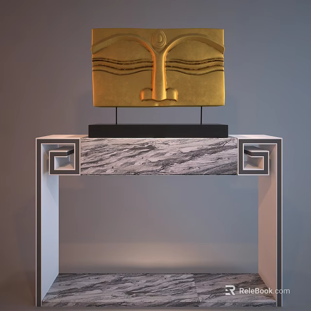 Modern Console Table With Marble Top Gold Sculpture And Geometric Frame Design 3d model 