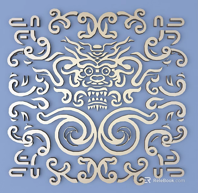 Traditional Intricate Dragon Carving With Detailed Scroll Patterns On Blue Background 3d model 