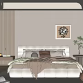 Modern Bedroom Interior With Beige Tones Platform Bed Decorative Art And Green Plant