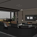 Modern Living Room Interior Design With Black Leather Sofa TV Wall Fireplace And Green Plants