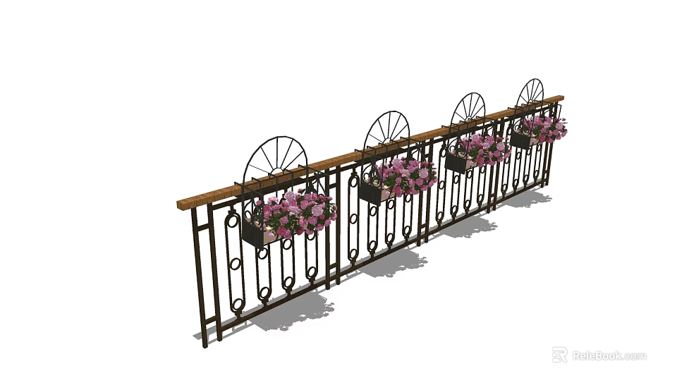 Ornate Metal Fence With Wooden Top Decorative Wheel Design And Hanging Pink Flower Pots 3d model 