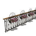 Ornate Metal Fence With Wooden Top Decorative Wheel Design And Hanging Pink Flower Pots