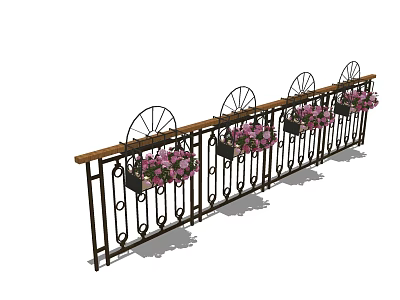 Ornate Metal Fence With Wooden Top Decorative Wheel Design And Hanging Pink Flower Pots 3d model