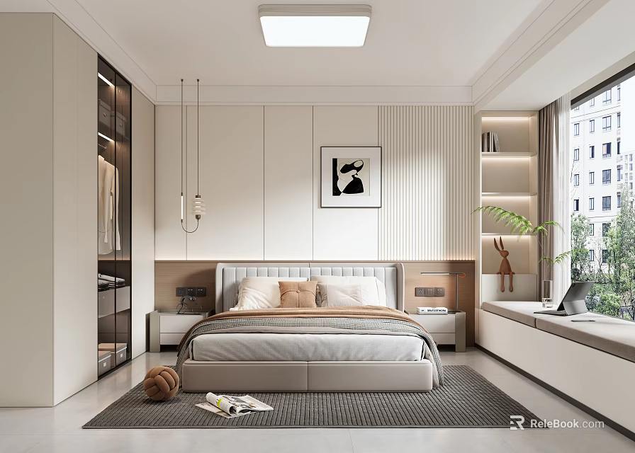 Modern Minimalist Bedroom Interior Design With Bed Nightstand Decorative Artwork Window And Soft Rug 3d model 