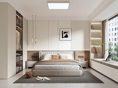 Modern Minimalist Bedroom Interior Design With Bed Nightstand Decorative Artwork Window And Soft Rug 3d model