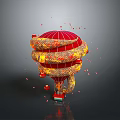 Red Hot Air Balloon With Golden Spiral Decorations And Floating Red Fragments On Gray Background