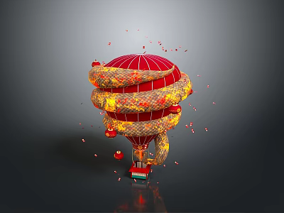 Red Hot Air Balloon With Golden Spiral Decorations And Floating Red Fragments On Gray Background 3d model