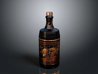 Elegant Dark Colored Decorative Bottle With Golden Patterns And Copper Cap 3d model