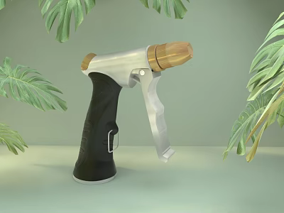 Handheld Household Tool With Black Handle Silver Metal And Wooden Nozzle Against Green Leaves Background 3d model