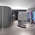 Modern Exhibition Hall With Curved Design Large Screen Seating And Ambient Lighting