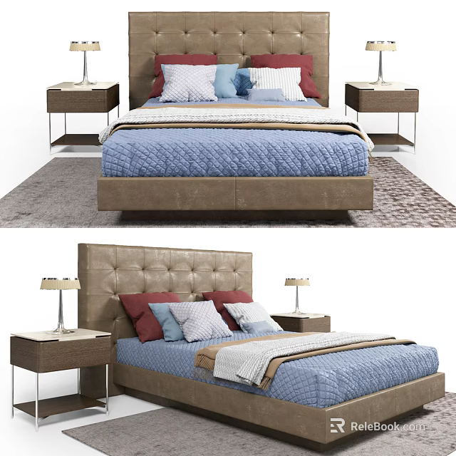 Elegant Modern Double Bed With Upholstered Headboard Nightstands And Table Lamps 3d model