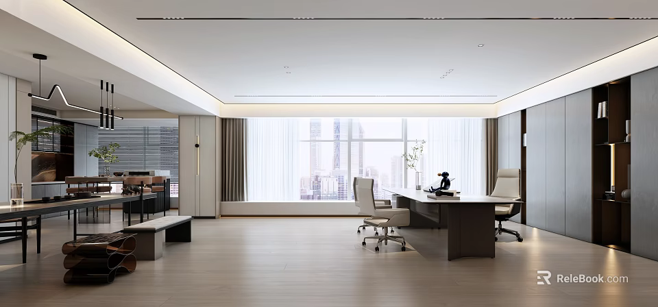 Modern Office Interior With Large Windows City View Wooden Desk And Ergonomic Chair 3d model 
