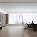 Modern Office Interior With Large Windows City View Wooden Desk And Ergonomic Chair