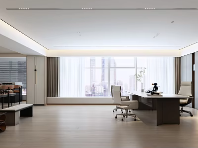 Modern Office Interior With Large Windows City View Wooden Desk And Ergonomic Chair 3d model