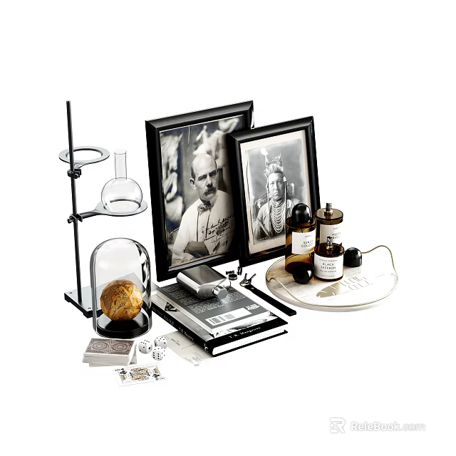 Vintage Decorative Ornament Set With Framed Photos Glass Containers And Bottles 3d model 