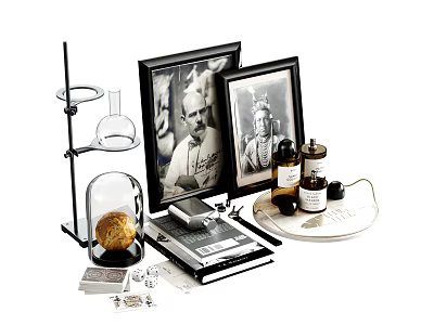Vintage Decorative Ornament Set With Framed Photos Glass Containers And Bottles 3d model