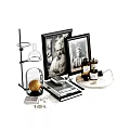 Vintage Decorative Ornament Set With Framed Photos Glass Containers And Bottles
