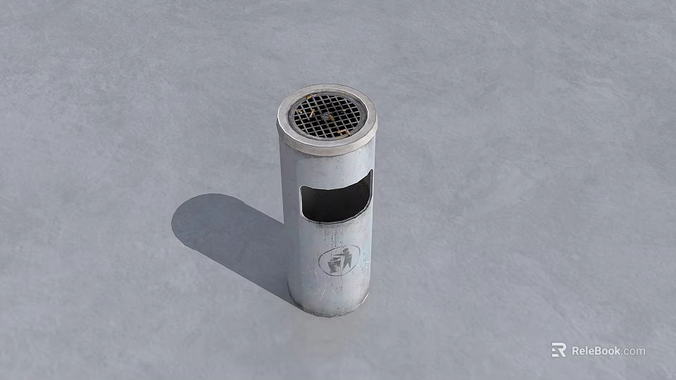 Public Facility White Cylindrical Trash Can With Grid Top And Side Opening 3d model 