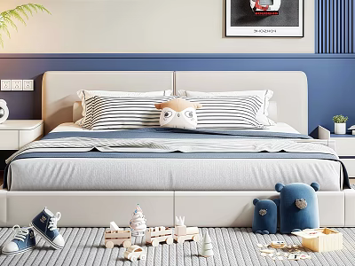 Kids Bed with Striped Pillows Owl Plush Toy Bears and Building Blocks in Bedroom 3d model