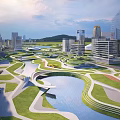 Urban Waterfront Landscape Design With Green Spaces Scenic Pathways And Modern Buildings