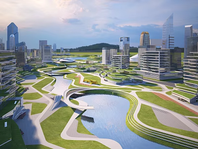 Urban Waterfront Landscape Design With Green Spaces Scenic Pathways And Modern Buildings 3d model