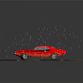 Shiny Red Classic Muscle Car With Black Stripe On Wet Muddy Platform In Rain