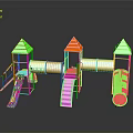 Colorful Kids Playground Building Structure With Green Orange Yellow Slides Towers Pipes