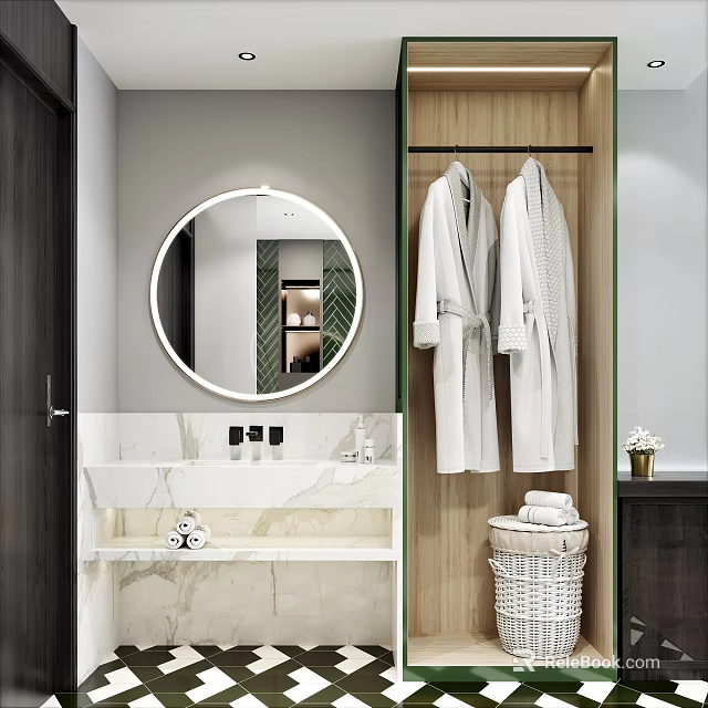 Hotel Guest Room Bathroom Featuring Round Mirror White Bathrobes Marble Countertop And Towel Basket 3d model 