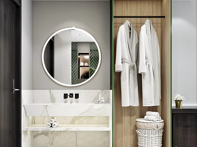 Hotel Guest Room Bathroom Featuring Round Mirror White Bathrobes Marble Countertop And Towel Basket 3d model