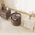 Modern Decorative Cabinets With Woven Details Drawers And Vases On Beige Carpeted Floor