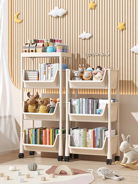 White Storage Shelves With Books Stuffed Toys And Jars In Light Room 3d model 