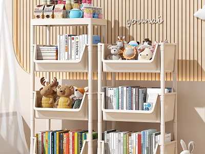 White Storage Shelves With Books Stuffed Toys And Jars In Light Room 3d model