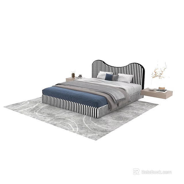 Contemporary Double Bed With Black White Striped Frame Blue Gray Bedding And Gray Area Rug 3d model 