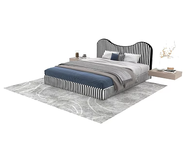 Contemporary Double Bed With Black White Striped Frame Blue Gray Bedding And Gray Area Rug 3d model