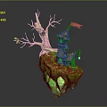 Enchanted Treehouse Building On Floating Island With Withered Tree Small Flag And Green Glowing Crystals