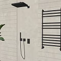 Modern Shower System with Handheld and Rainfall Head in Tiled Bathroom with Black Radiator