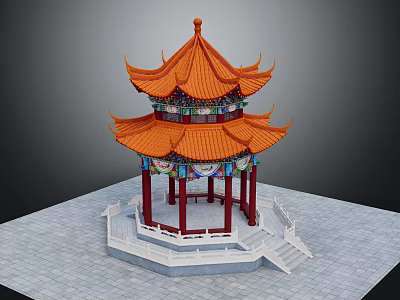 Traditional Chinese Two Story Pavilion With Orange Curved Roof Red Pillars And White Base 3d model