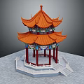 Traditional Chinese Two Story Pavilion With Orange Curved Roof Red Pillars And White Base
